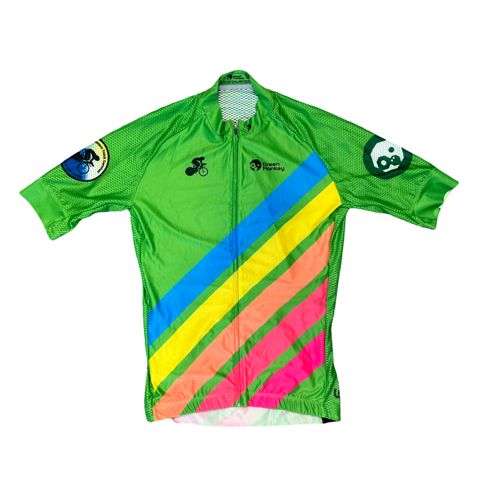 Green cycling jersey with colorful diagonal stripes on a white background