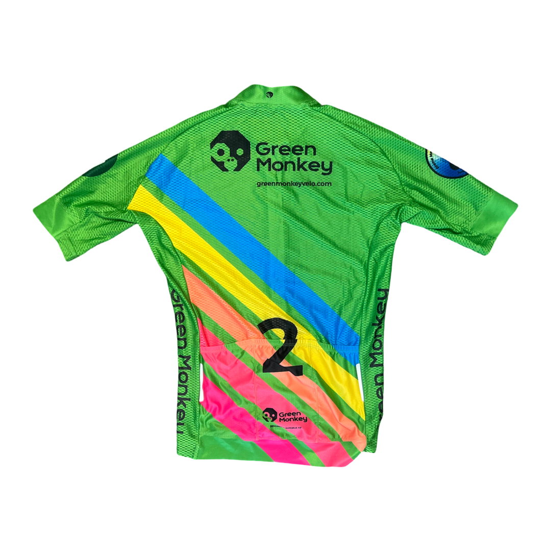 Green sports jersey with colorful stripes and 'Green Monkey' branding on a white background
