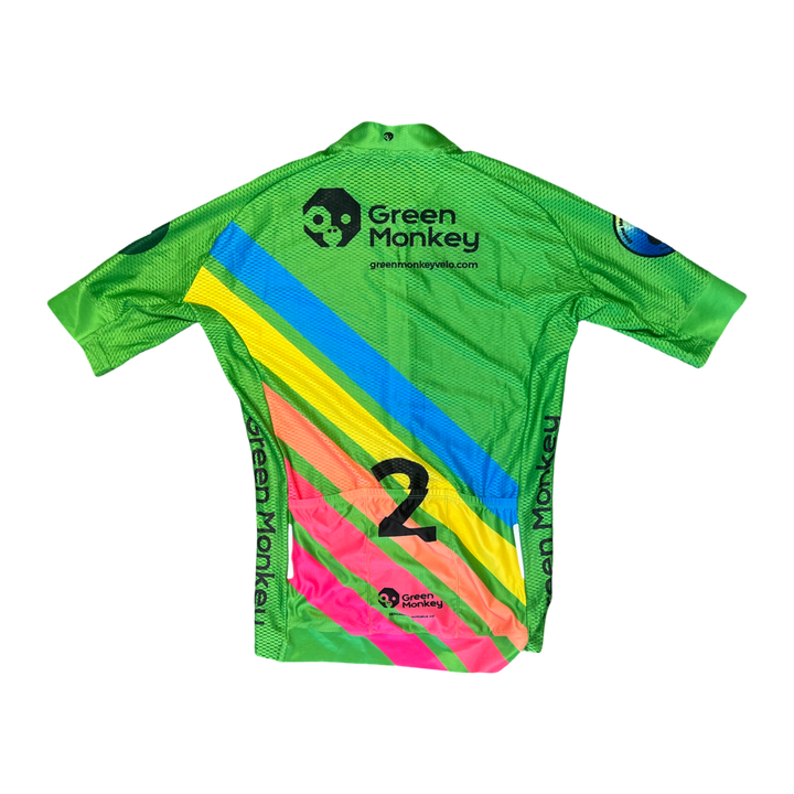 Green sports jersey with colorful stripes and 'Green Monkey' branding on a white background