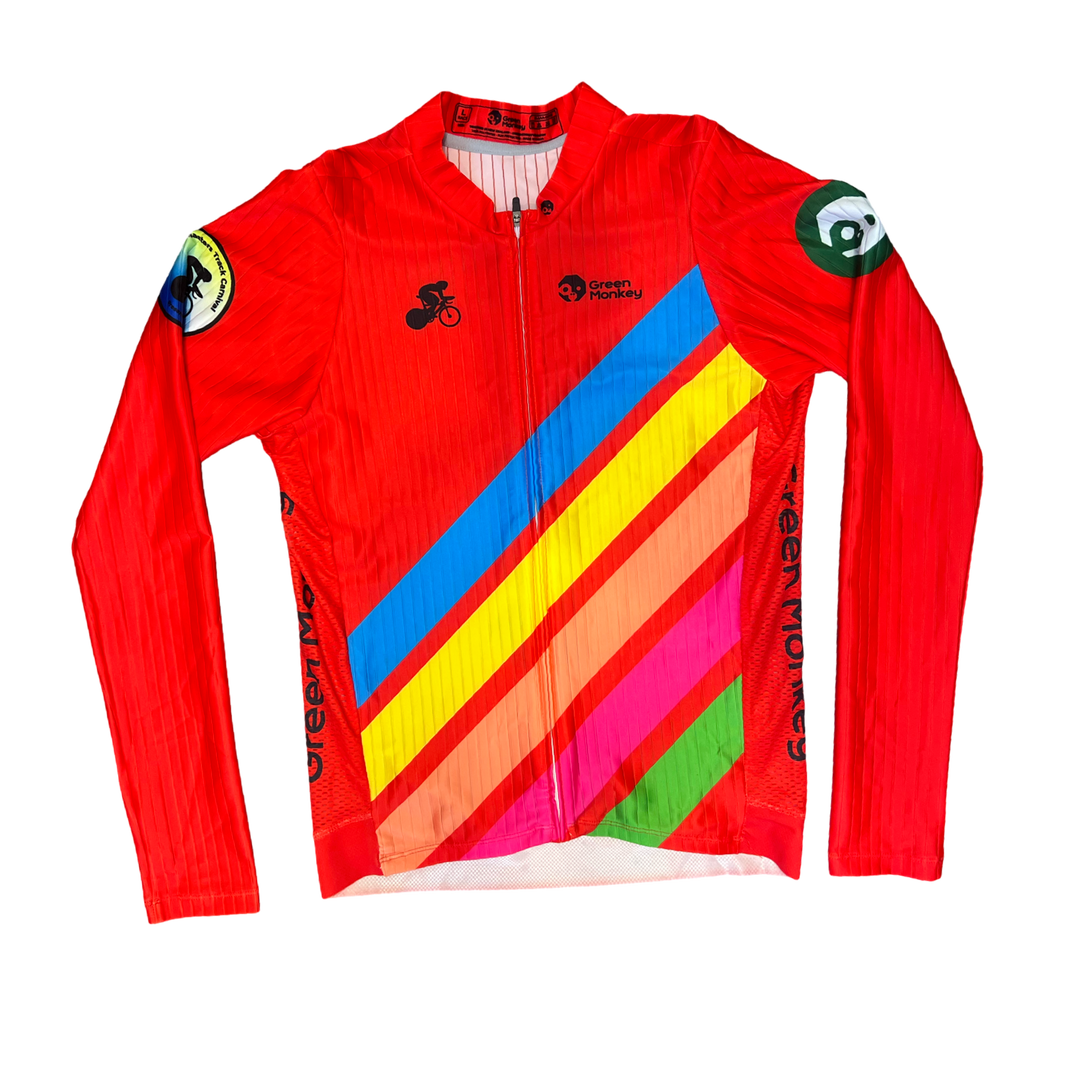 Red cycling jersey with colorful diagonal stripes on a white background