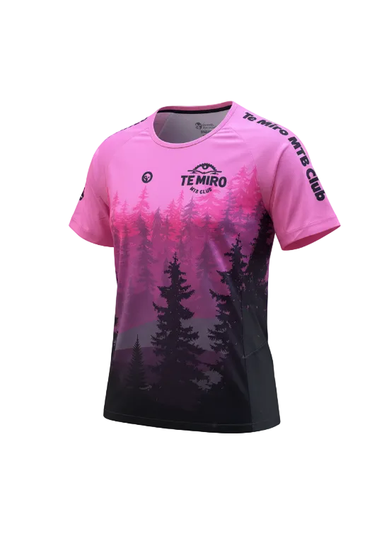 Pink and black t-shirt with forest design and 'Temiro' branding on a white background