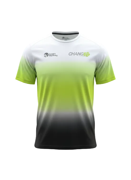 Gradient t-shirt with white, green, and black design on a white background made by GreenMonkey Velo 